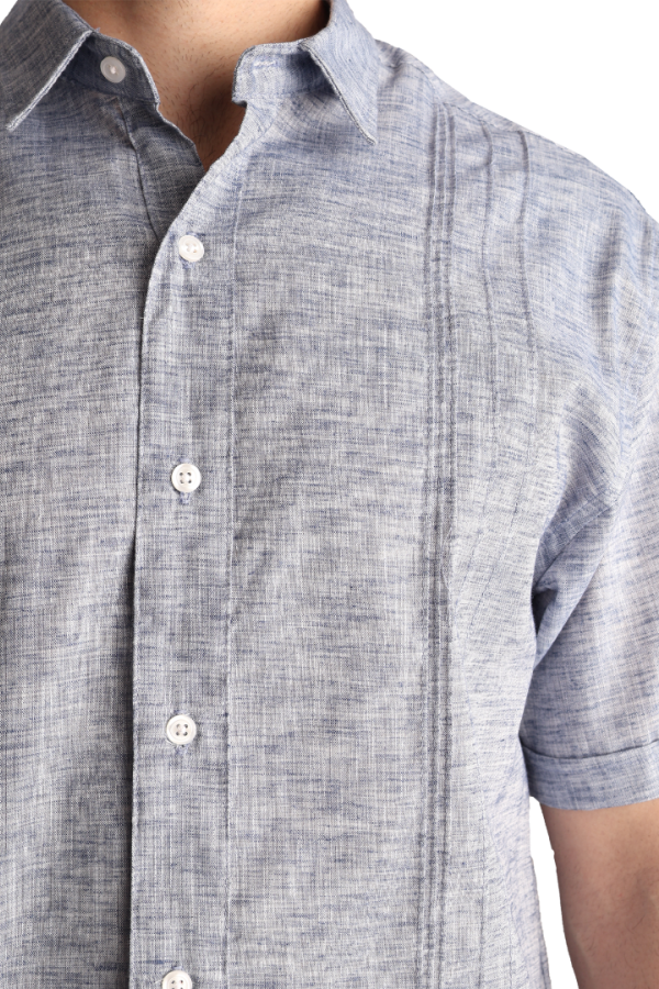 Camisa Tipo Guayabera Azul Marino Manga Corta Look Lino Para Caballero